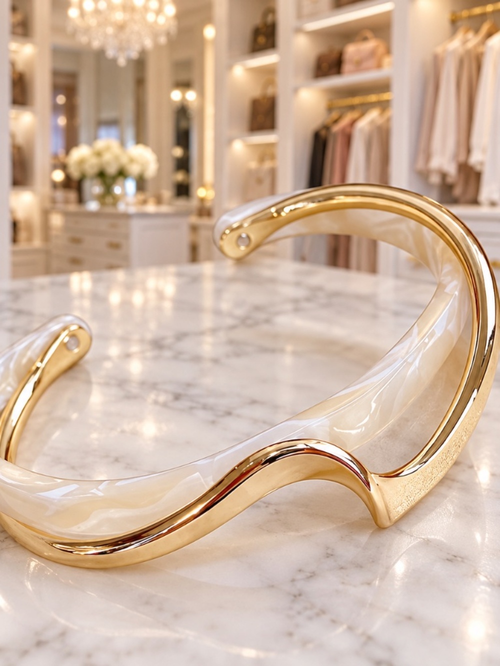 Pearlescent White Wave Open Cuff Layered Sculptural Bangle Bracelet